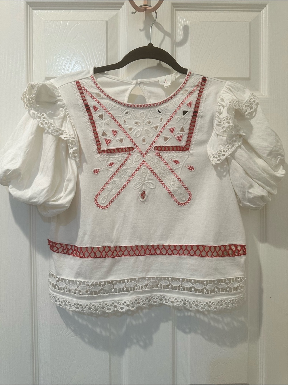 Anthropologie White Puff Sleeve Embroidered Crop Blouse with Red Trim